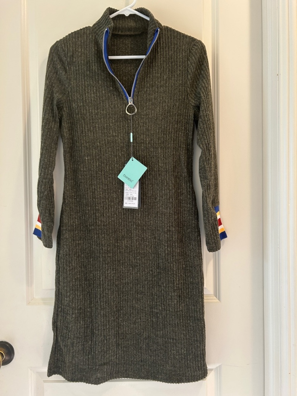 CSSPRING Ribbed Knit semiSheer sweater Dress Zip Neck long sleeve detail cuff M